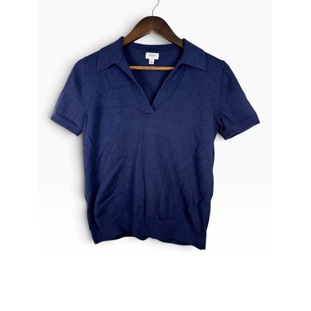 J.Crew Cotton Cashmere Polo Sweater S Navy Blue Short Sleeve V-Neck